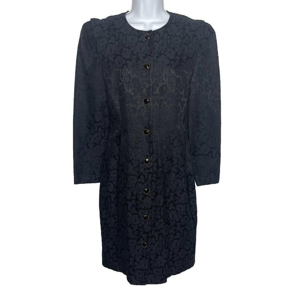 Vintage 90s All That Jazz Coat Dress Size 9/10 Black Floral Satin Brocade